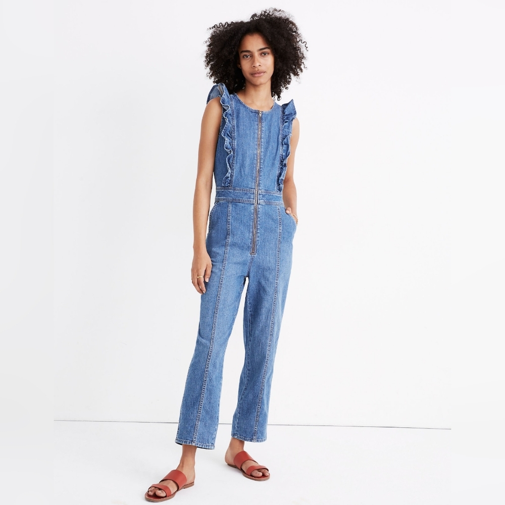 Madewell Petite Denim Ruffle-Sleeve Zip-Front Jumpsuit